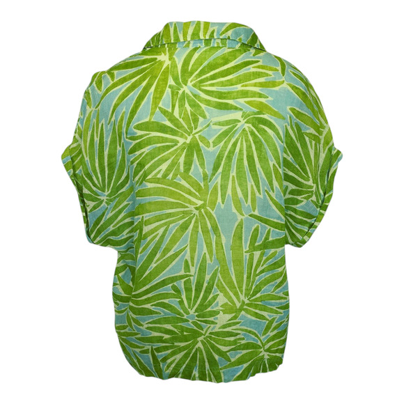 Sigrid Olsen Top Womens Size Medium Green/ Blue Palm Leaf 100% Linen Button Up - Picture 3 of 10
